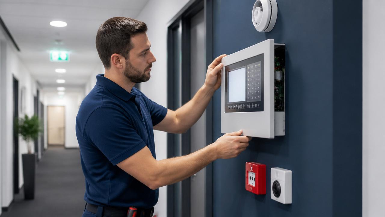 Certified engineer installing a fire alarm control panel